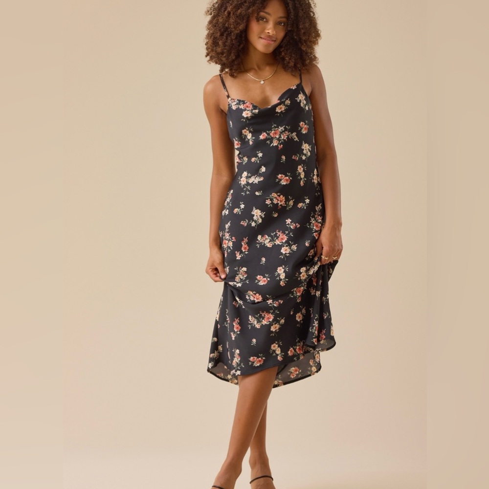 Altar’d State Black Floral Satin Slip Dress Midi Maxi S Wedding Guest Fall